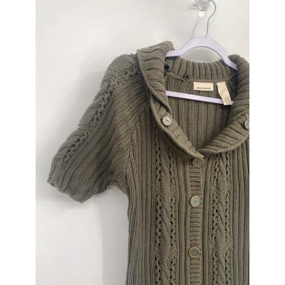 DKNY Long Olive Green Button Up Sweater Short Sleeve Collared Pockets Medium - Picture 3 of 9